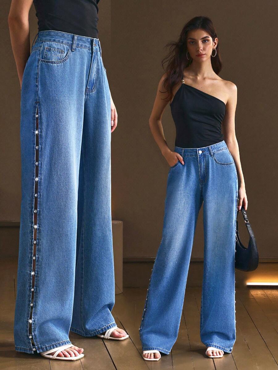 Selenza 女式水钻镂空口袋宽腿宽松休闲牛仔裤 - 藍色 - 查看 1
