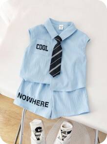 SHEIN 3pcs Toddler Boys' Summer Outfit Set With Sleeveless Letter Print Top, Elastic Waist Shorts, And Necktie