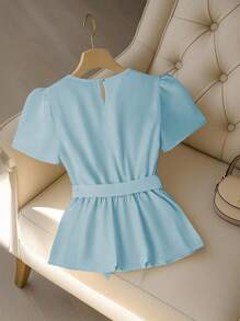 Franclia Áo kiểu nữ thanh lịch thiết kế đính cườm, cổ tròn, ôm eo, tay ngắn, màu xanh nhạt, thích hợp cho nữ mùa hè, kiểu peplum. - Màu xanh lam - Xem 2