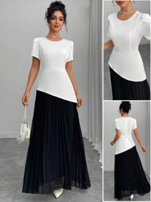 Rafferiza 女士优雅撞色花瓣袖圆领不对称褶裥腰身中长连衣裙，适合大学生穿着，优雅夏季连衣裙。 - 彩色 - 查看 8