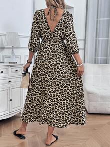 SHEIN LUNE Vestido midi con estampado de leopardo y lazo delantero para mujer - Multicolor - Ver 5