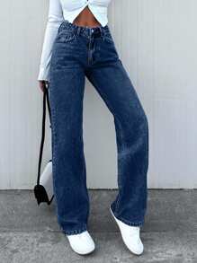100% Cotton Women's Solid Color Casual Straight Leg Jeans
