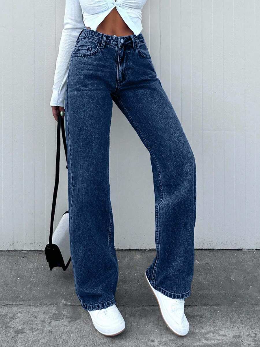 100% Cotton Women's Solid Color Casual Straight Leg Jeans