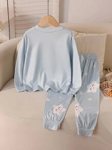 2pcs Girls Cute Star Pattern Long Sleeve Top And Pants Comfortable Pajama Set, Blue - Blue - View 2
