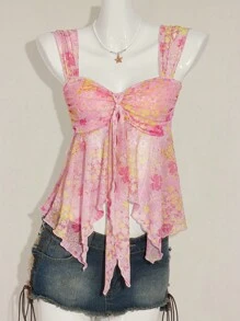 SHEIN ICON Women's Ditsy Floral Asymmetrical Hem Cute Floral Blouse, Adorable Summer Top Fall Women Clothes