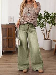 SHEIN Tall Women's Button Front Dual Pocket Wide Leg Loose Casual Denim Pants - Green - View 6