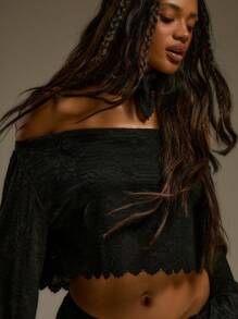 MUSERA Off Shoulder Bardot Lace Scalloped Hem Long Sleeve Top,Black Summer Seksi Chic Club Night Elegant Y2k Cute 90's Western Country Fall Streetwear - Black - View 2