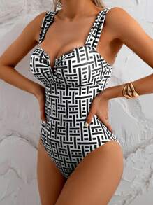 Swim Vcay Women's Geometric Print Ruched One-Piece Swimsuit, Vacation