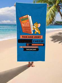 TOM & JERRY X SHEIN 1pc Letter & Cartoon Pattern Beach Towel Cozy Plush Fleece, Warm & Soft For Camping, Home, And Outdoor Use - Perfect Birthday Or Holiday Gift For Boys, Girls, Men, And Women - All-Season Comfort, Outdoor Blanket