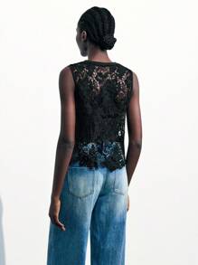 Maija 夏季时尚性感透明蕾丝无袖背心黑色夏季上衣 - 黑色 - 查看 2