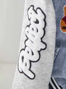 Áo khoác denim xanh nhạt có mũ chần bông phối patchwork thêu gấu kỹ thuật số phong cách đại học casual đường phố cho bé trai, thời trang streetwear, phù hợp mùa xuân và mùa thu - Rửa nhẹ - Xem 3