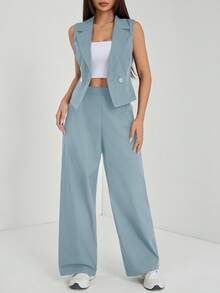 SHEIN PETITE 两件套秋季服装 2 件套女士纯色无袖上衣和裤子秋季衣服 - 霧霾藍 - 查看 4