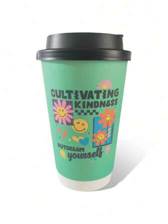 SmileyWorld® | SHEIN 450ML（15盎司）花卉和字母图案绿色纸杯，配黑色防漏盖 - 时尚杯子 - 10/20 件