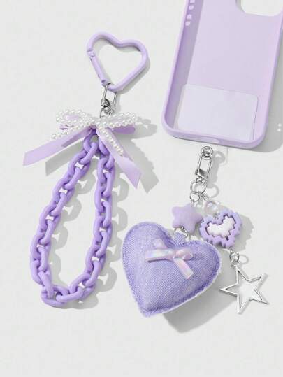 Kawaii 1 pièce Exquis, doux, frais et polyvalent. Nœud de ruban en perles de culture factices minimaliste fait main. Chaîne en acrylique violet/bleu, cœur , porte-téléphone en forme d'étoile. Porte-clés, breloque de sac, décoration de téléphone, convient aux femmes, cadeau