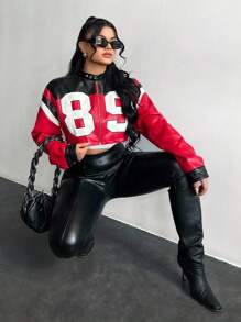 SHEIN SXY Damen Lässig Kontrast Farbige Numerisches Muster Kurze Jacke