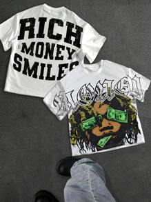 SHEIN Bolty Tween Boy Casual Fashion Cool Person Silhouette & Money Symbol Print Short Sleeve Round Neck T-Shirt, Classic "Rich Money Smiles" Slogan Print, Suitable For Summer - White - View 1