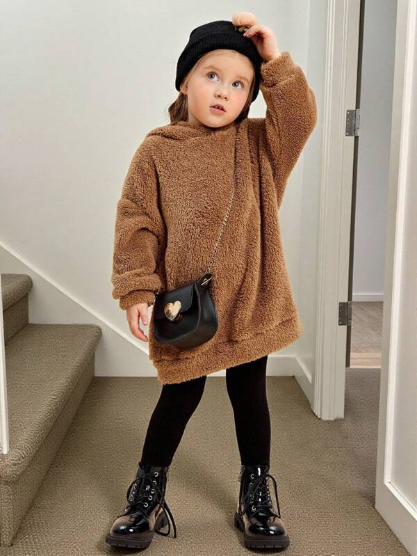 SHEIN Young Girl Drop Shoulder Teddy Hoodie Dress Without Bag
