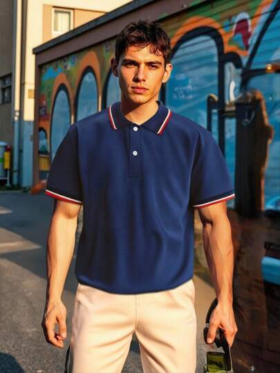 SHEIN 青少年男孩拼色罗纹条纹印花休闲短袖 Polo 衫