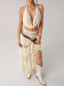 SHEIN ICON 2pcs Y2k Halter Neck Western Boho Going Out Lace Top & Low Waist Skirt Set Two Pieces Skirt Set Lace Two Pieces Set Festival Outfit Two Pieces Dress Goddess Outfit - Yellow - View 4