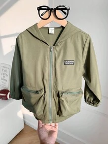 SHEIN 男童宽松休闲舒适连帽夹克，军绿色，秋冬 - 軍綠色 - 查看 4