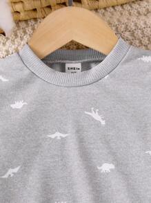 SHEIN Vintaside Kids 幼儿男童两件套灰色恐龙印花圆领长袖运动衫和裤子，秋冬休闲装 - 灰色 - 查看 8