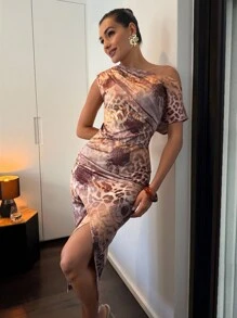 Lavishia 卡其色豹纹不对称下摆修身中长连衣裙，不对称肩领，适合日常穿着，时尚街头服饰，网红风格 - 卡其色 - 查看 5
