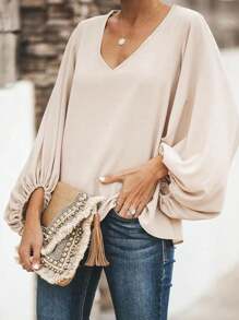 INAWLY Camisa de manga larga con cuello en V de unicolor, de talla grande, de moda para el verano - Beis - Ver 1