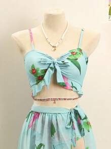 SHEIN Swim 女士夏季海滩花卉印花前结性感两件套比基尼套装带罩衫裙，3 件套 - 淺藍色 - 查看 5