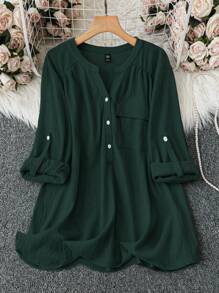 EMERY ROSE Blusa elegante de talla grande para mujer, de manga enrollada y cuello en V, de unicolor, para primavera y otoño - Verde Oscuro - Ver 4