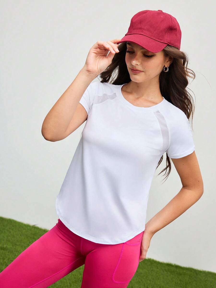 SHEIN Cheerettes 網紋拼接翼腕運動t恤 - 白色 - 查看 1