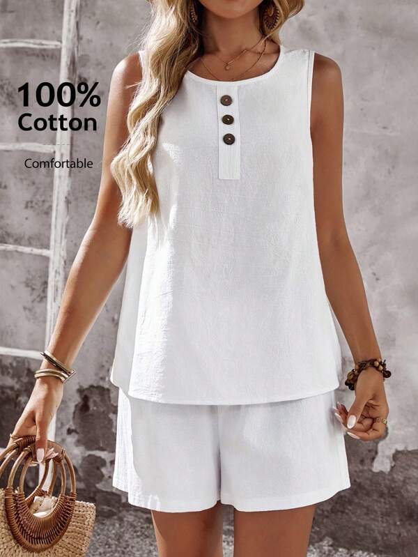 EMERY ROSE 2pcs/Set Women's Solid Color Button Design Camisole And Shorts Set, Summer Two Pieces White Set Women Women Summer 2 Pieces Sets 2 Pieces Linen Sets Women Short Sets For Women Vacation White Linen Two Pieces Set All White Party Outfit Women