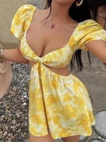 SHEIN Unity Váy mini thường ngày cho nữ có tay bồng, họa tiết hoa nhuộm loang, thời trang & đa năng cho kỳ nghỉ, mùa xuân/hè - Màu vàng - Xem 7