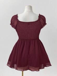 Blusa elegante de talla con ribete de encaje en unicolor, para el verano - Gris - Ver 2