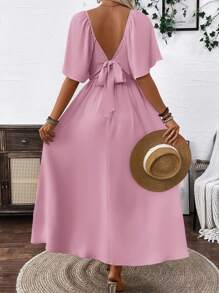 SHEIN LUNE Clasi Breezaya 女式淡蓝色波西米亚风方形优雅领口浪漫毕业生日礼服音乐会服装海滩女士服装泡泡袖露背蝴蝶结连衣裙带蝴蝶结春夏超长度假柔软面料荷叶边袖长裙 - 粉色 - 查看 2