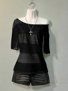 Attitoon Áo thun tay ngắn hở vai, dáng rộng, họa tiết sọc, dáng rộng, cỡ lớn dành cho nữ, màu đen/trắng/xám - Nhiều màu - Xem 4