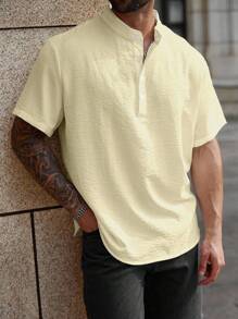 Manfinity Homme Plus Size Men's Solid Color Short Sleeve Button-Up Casual Loose Shirt - Apricot - View 1