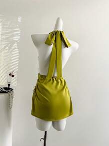 Sweetra European & American Style Solid Color Halter Neck Dress, Summer New Sexy Backless Bodycon Slimming Dress - Green - View 2