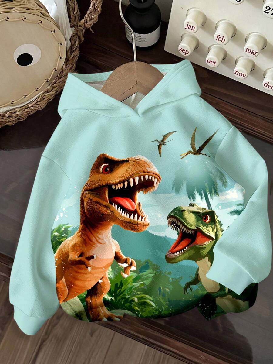 年轻男孩休闲宽松舒适卡通动物、可爱风格恐龙、运动风格风景 3D 涂鸦街头针织长袖连帽衫，适合秋冬季