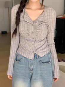DAZY Women's Ribbed Knit Cardigan, Long Sleeve, Open Front, Spring/Autumn - Apricot - View 4