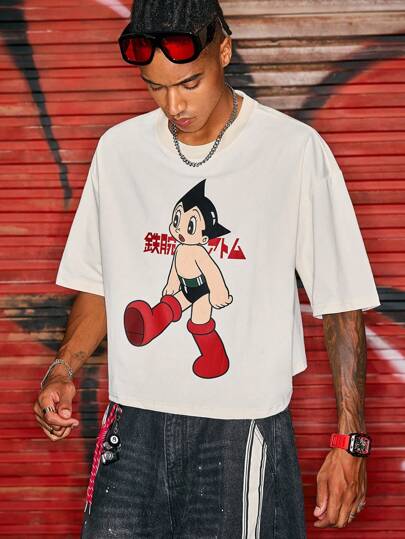 Astro Boy X ROMWE Men's Cartoon Figure Graphic T-Shirt, Loose Cropped Fit