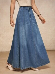 House of One High-Waist A-Line Women Casual Old Money Fall Women Clothes Versatile Denim Flared Skirt Spring Summer Autumn Maxi Denim Skirt Long Jean Skirt Women Denim Skirts Denim Maxi Skirt Long Denim Skirt Fall Outfits Business Professional Women Business Casual Woman - Medium Wash - View 6