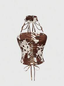 ROMWE Hippie Women's Sexy Fashionable Cow Pattern Keyhole Tie Front Halter Neck Top