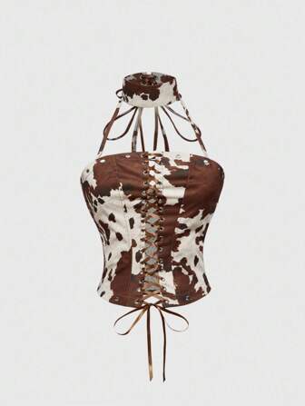 Hippie Women's Sexy Fashionable Cow Pattern Keyhole Tie Front Halter Neck Top
