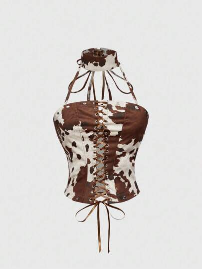 Hippie ملابس علوية نسائية أنيقة وجذابة بطبعة بقرة مربوطة من الأمام وياقة حلقية