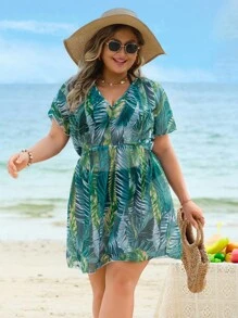 Swim Lushoire 大码女式随机印花V领短袖宽松休闲罩衫