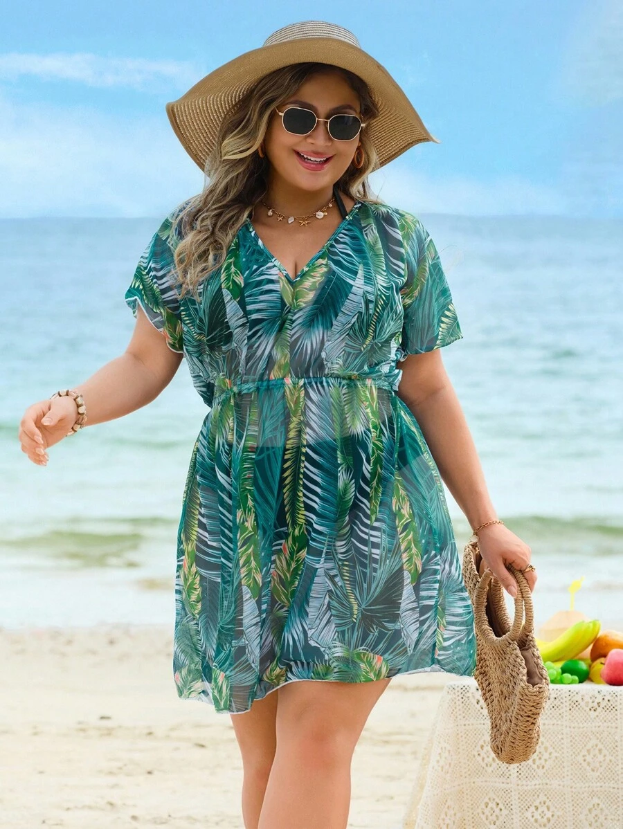 Swim Lushoire 大码女式随机印花V领短袖宽松休闲罩衫