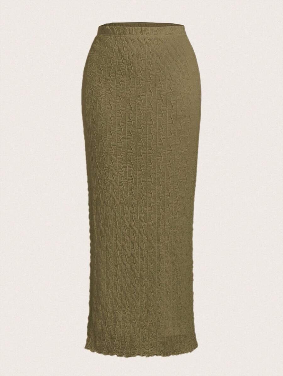 SHEIN EZwear Olive Green Knit Mesh Women's Bodycon Skirt - Army Green - View 1