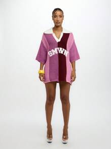 SUMWON WOMEN 超大号钩针 Polo 衫，带有标志性 SMWN 标志条纹细节，秋冬学院风套头毛衣，复古校园风，学院风，时尚休闲 - 酒紅色 - 查看 4