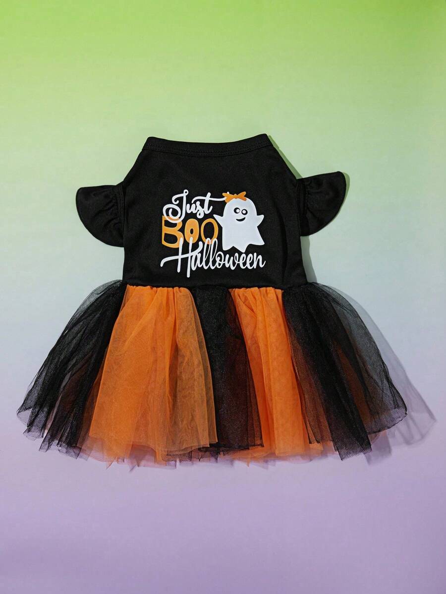 PETSIN Halloween Ghost Print Contrast Color Mesh Tutu Dress Costume Party Outfit For Pets