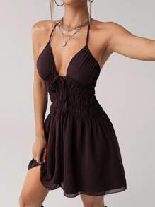 SHEIN ICON 女式纯色褶饰前系带性感迷你露背连衣裙